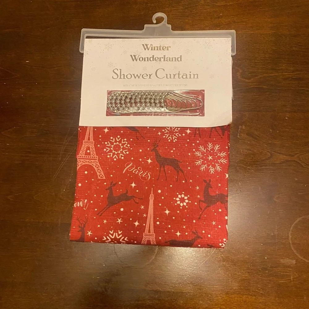 NEW Winter Wonderland shower curtain with metal hooks.